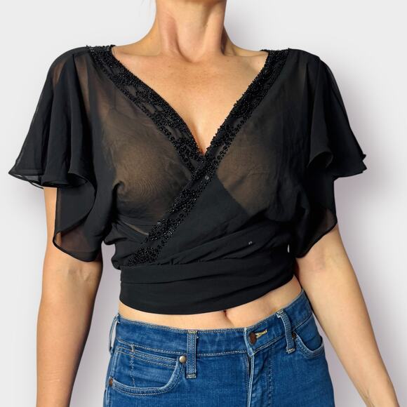 90s Black Sheer Beaded Wrap Crop Size M - Picture 3 of 6